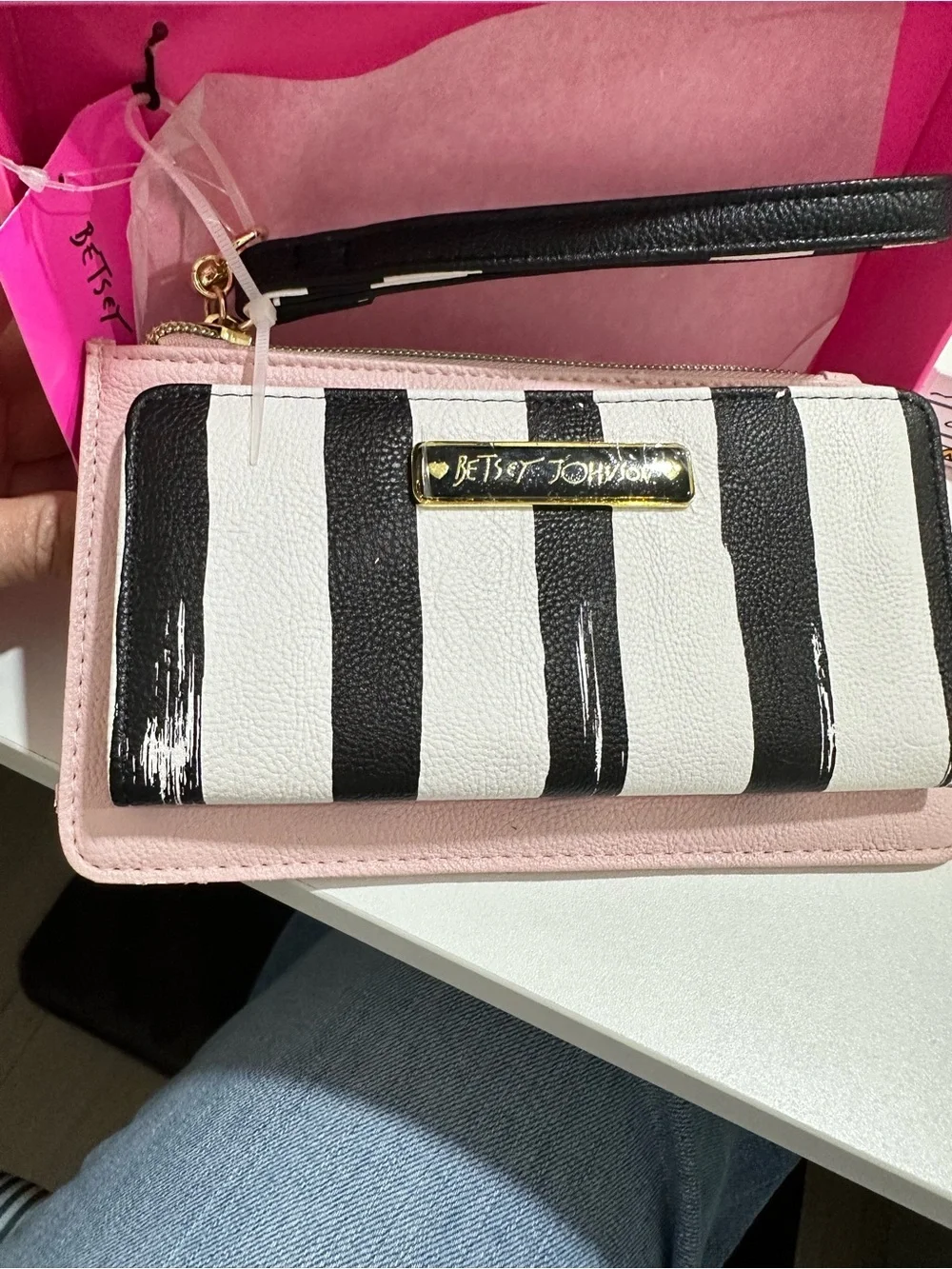 Betsey Johnson Black & White Striped Zip-Around Wallet with Gold Plaque NWT